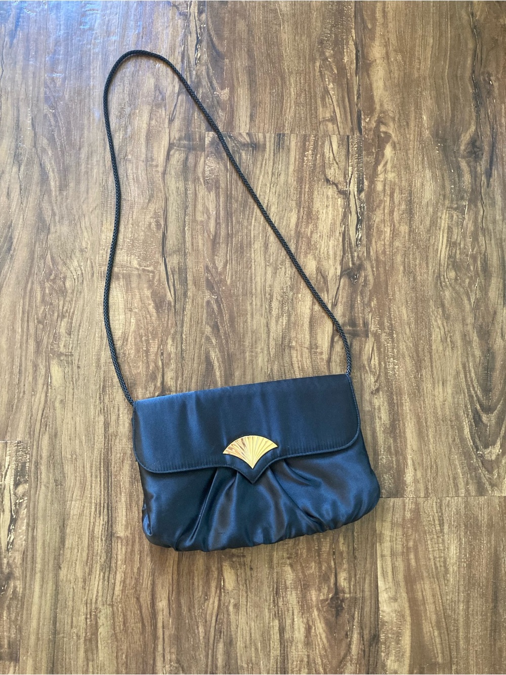 Gallery Originals Black Satin Crossbody Clutch with Gold Accent